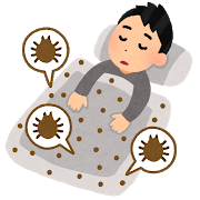 ダニ布団で寝る男性のイラスト